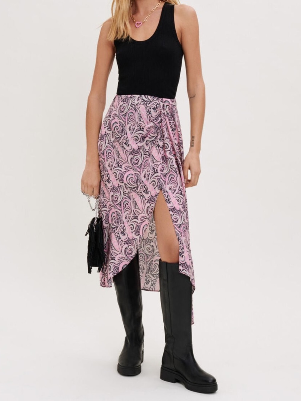 Maje Asymmetric Paisley Midi Skirt Pink Boho Chic French Girl Style